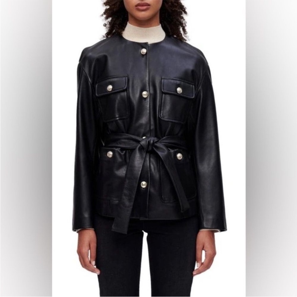 Maje Black Leather Tie-Waist Jacket